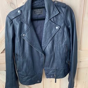 LUCKY BRAND: Navy Leather Moto jacket